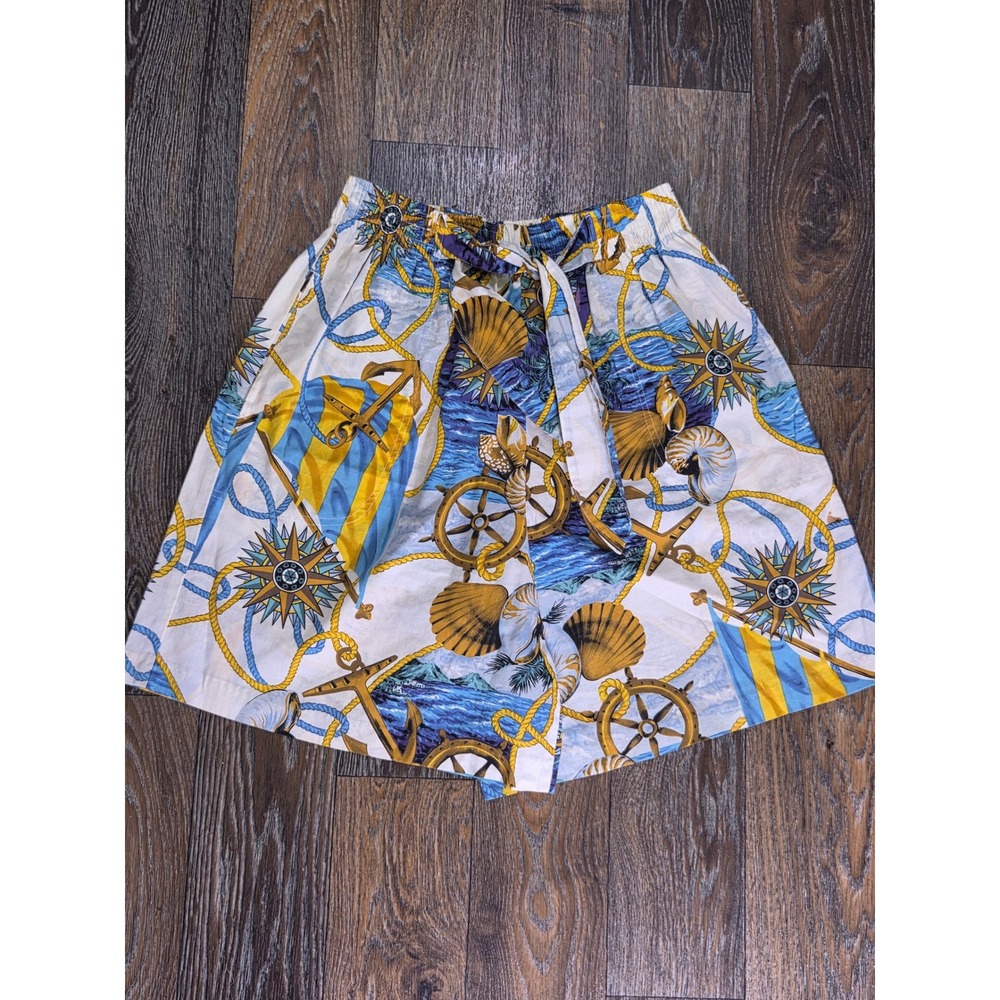 Hanasport Vintage Nautical Novelty Print Shorts High Waist Cotton Blue Yellow 10